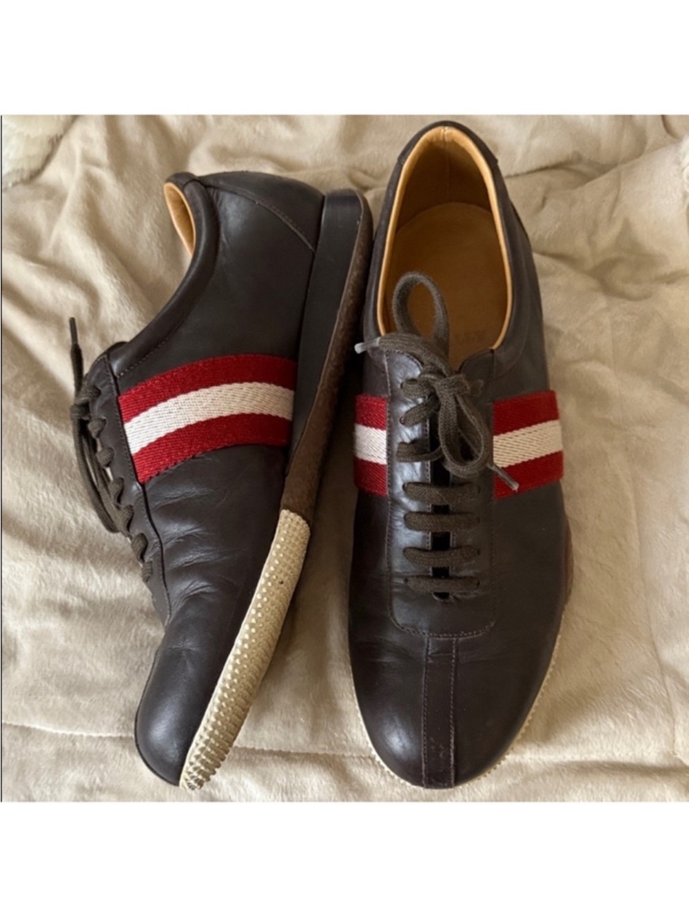 Bally Brown Leather Sneakers with Red & White Stripes